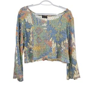 Vintage y2k Objects Dart Crochet Crop Top Multicolor Abstract Knit Bell Sleeve S